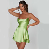 Sexy Suspender Skirt for Women, Elegant Slim Strap Satin Backless Lace-up A-Line Short Dress