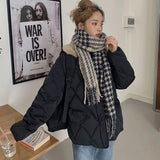 Loose Rhombus Bread Coat, Stitching Fur Collar Warm Thickened Cotton-padded Jacket for Women