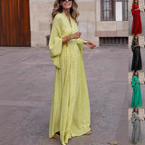 Women’s V-neck Batwing Sleeve Long Dress – Loose Fit Waist Tie Elegant Outfit