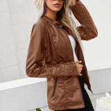 Stand-up Collar Zippered, Long-sleeved Solid Color, Women's Leather Jacket