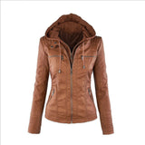 Stand-up Collar Zippered, Long-sleeved Solid Color, Women's Leather Jacket
