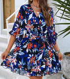 Summer Floral Print Short Sleeves Frock, Lace-up Ruffles Design Fashion V-neck Short Dresses, Women's Clothing