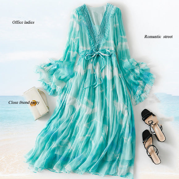 Women's Fairy Holiday, V-neck Bead Luxury Mulberry Silk Long Dress