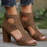 New High Square Heel Hollow Roman Shoes with Back Zipper Design, Summer Fashion Sandals for Women
