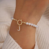 New Fashion Toggle Clasp Initial Bracelet, Women's A-Z Letter Pendant, 6mm Pearl Bracelet for Women