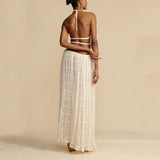 2 Pcs Women's Dress Suit, Sexy Sleeveless Backless Cropped Halter Top and Pleated Long Gown