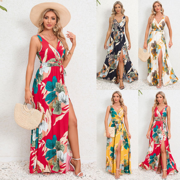 V-neck Floral Print Long Dress, Summer Fashion Waist Tie Slit Design Sleeveless Gown for Women
