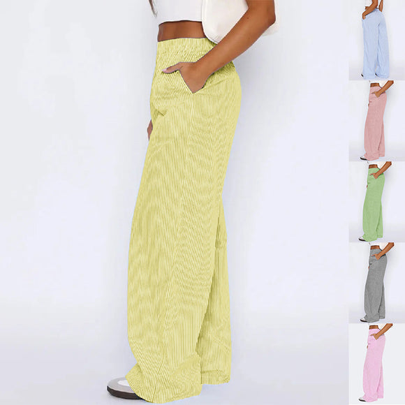 Striped Trousers with Pockets, INS Fashion Casual Wide Leg Straight Pants for Women