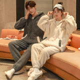 Couples' Autumn Winter Pajama Set, Thick Coral Fleece, K-fashion - Zippered Top and Matching Bottoms
