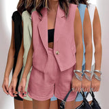 Leisure Commute Button Sleeveless Midriff-baring, Vest Coat and High Waist Shorts, Two-piece Set