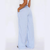 Striped Trousers with Pockets, INS Fashion Casual Wide Leg Straight Pants for Women