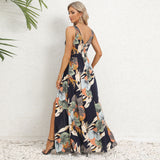 V-neck Floral Print Long Dress, Summer Fashion Waist Tie Slit Design Sleeveless Gown for Women