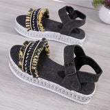 Fashion Tassel Denim Sandals with Thick-soled Flat Heels, New Summer Hemp Rope Sole Ethnic Style Shoes for Women