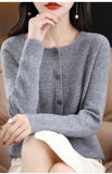 Fashion Merino Wool Cardigan Sweater, Women's O-neck Long-sleeve Cashmere Knitwear, Spring Autumn Female Clothing Tops