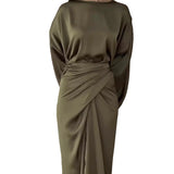 Batwing Sleeve Belted Solid Color Gown – Elegant Loose Fit Women’s Dress