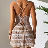 Women's Knitted Spaghetti Strap Dress, Summer Stripes Twisted Crochet, Cutout Party Mini Dress for Beach Cocktail Nightclub