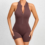 Zippered Yoga Fitness Shorts Jumpsuit, Sleeveless Tummy Control Stretch Shapewear, Butt Lifting Sportswear for Women