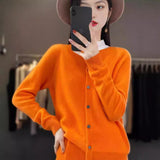 Fashion Merino Wool Cardigan Sweater, Women's O-neck Long-sleeve Cashmere Knitwear, Spring Autumn Female Clothing Tops