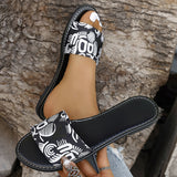 New Fashion Graffiti Print Sandals for Women, Summer Round Toe Low Heel Flat Slippers, Ladies' Slides Casual Beach Shoes