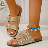 Double Buckle Sandals for Women, New Fashion Sequined Beach Shoes, Summer Leisure Outdoor Slippers Slides