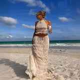 2 Pcs Women's Dress Suit, Sexy Sleeveless Backless Cropped Halter Top and Pleated Long Gown