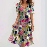 Chiffon Printed Short Sleeve Dress, Summer Elegant V-neck Frock, Women's Clothing