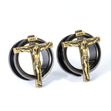 Vintage Old Gold Hollow Piercing Enlargement Earrings in Black