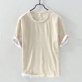 Linen Loose Casual Men's Round Neck T-shirt, Japanese Short-sleeved Blouse