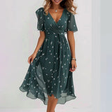 Chiffon Printed Short Sleeve Dress, Summer Elegant V-neck Frock, Women's Clothing