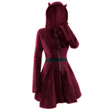 Patchwork Gothic Style, Hooded Long Sleeve, Pleuche Cat Ear Dress