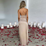 Sexy One-shoulder Backless Split Dress, Summer Elegant Slim-fit Solid Color, Satin Dress for Women