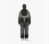 Men's Fashion Lamb Wool Hooded Zipper Coat Sweatshirt, Patchwork Line Design Male Casual Tops