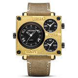 Vintage Style Square Dial Watch with Wide Display – Multi-time Zone Leather Sports Device