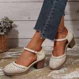 New Retro Easy Matching, Hollow Out, Mid Heel, Toe Box Ankle-strap, Buckle Pumps