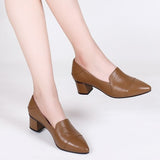 Soft Leather, Low-cut Leather, Pointed Toe Thick Heel, Women's Shoes