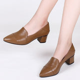 Soft Leather, Low-cut Leather, Pointed Toe Thick Heel, Women's Shoes