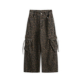 Washed Old Large Pocket Overalls, Vintage Leopard Print Wide Leg Pants