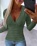 New Sunken Stripe Button Knitted Pullover V-neck Slim-fit Long-sleeved T-shirt for Women