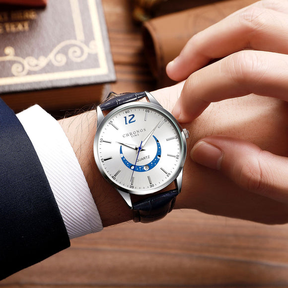 Men's Fashion Quartz Watch, Genuine Leather Strap