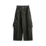 Washed Old Large Pocket Overalls, Vintage Leopard Print Wide Leg Pants