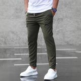 Men's Casual Pants with Pockets, Fashion Slim Fit Drawstring Trousers