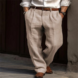 Men's Linen Trousers, Double Pleated Front Pocket Straight Pure Color Comfortable Breathable Casual Pants