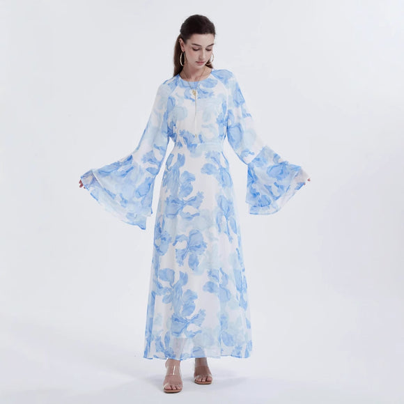 Chiffon Printed Bell Sleeve Dress for Muslim Women