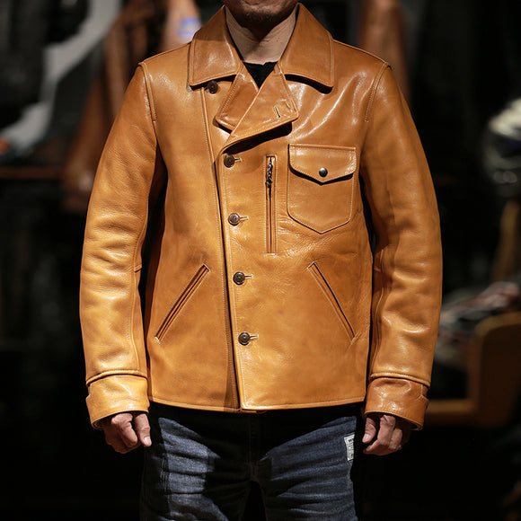Leather Jacket, Men's Lapel Oil Wax Animal-hide Coat