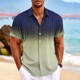 Lapel Button Short-sleeved Shirt, Summer Fashion Gradient Striped Print Beach Leisure Tops, Men's Clothing