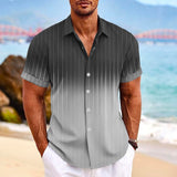 Lapel Button Short-sleeved Shirt, Summer Fashion Gradient Striped Print Beach Leisure Tops, Men's Clothing