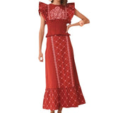 Summer European and American Fashion, Elegant Flowers Embroidered Flounced Sleeve, Top and Skirt