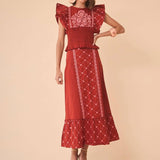 Summer European and American Fashion, Elegant Flowers Embroidered Flounced Sleeve, Top and Skirt