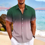 Lapel Button Short-sleeved Shirt, Summer Fashion Gradient Striped Print Beach Leisure Tops, Men's Clothing