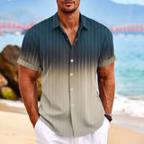 Lapel Button Short-sleeved Shirt, Summer Fashion Gradient Striped Print Beach Leisure Tops, Men's Clothing